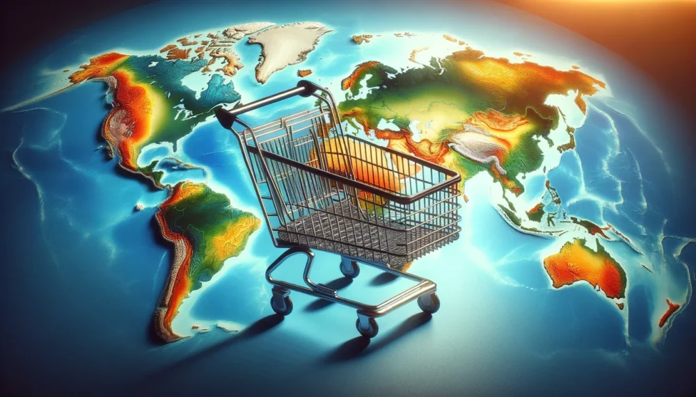 Stylized world map with ecommerce icons highlighting global online marketplaces