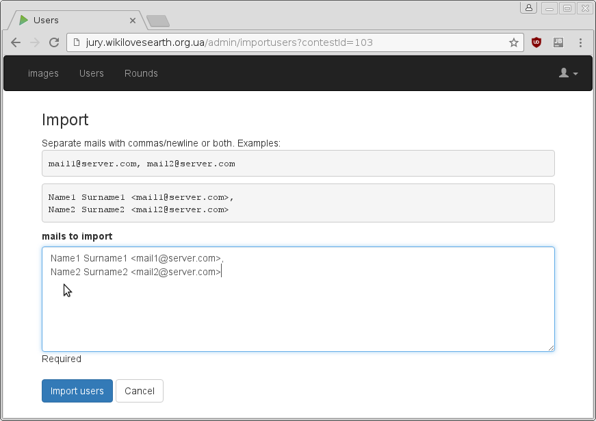 Simple admin interface screenshot representing importing tools workflow