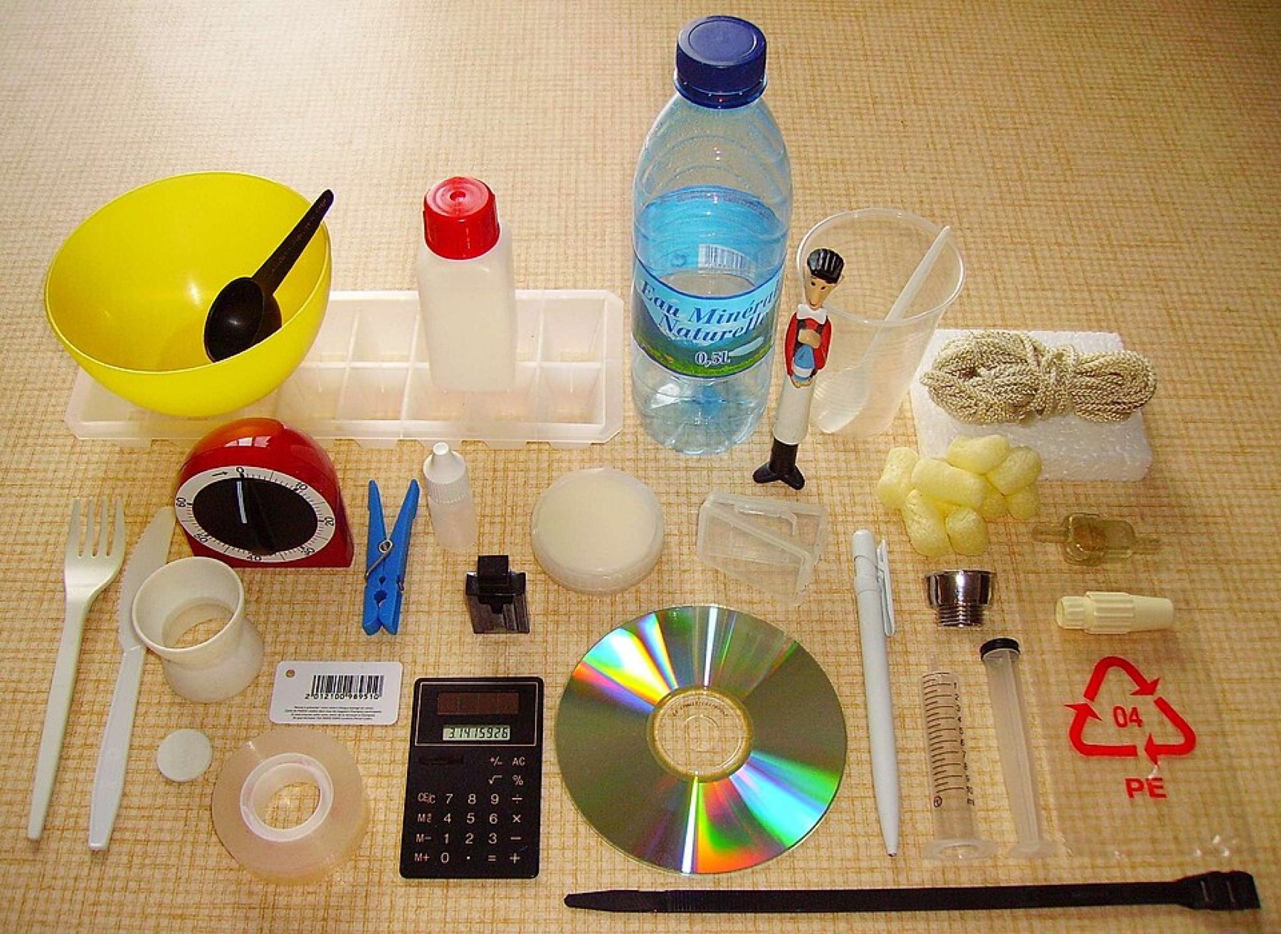 Assorted plastic consumer items illustrating material and cost variety