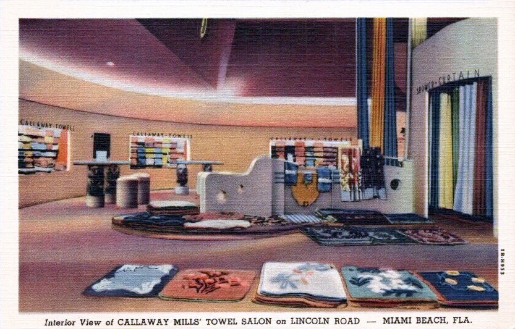 Vintage postcard showing a towel display salon on Miami Beach