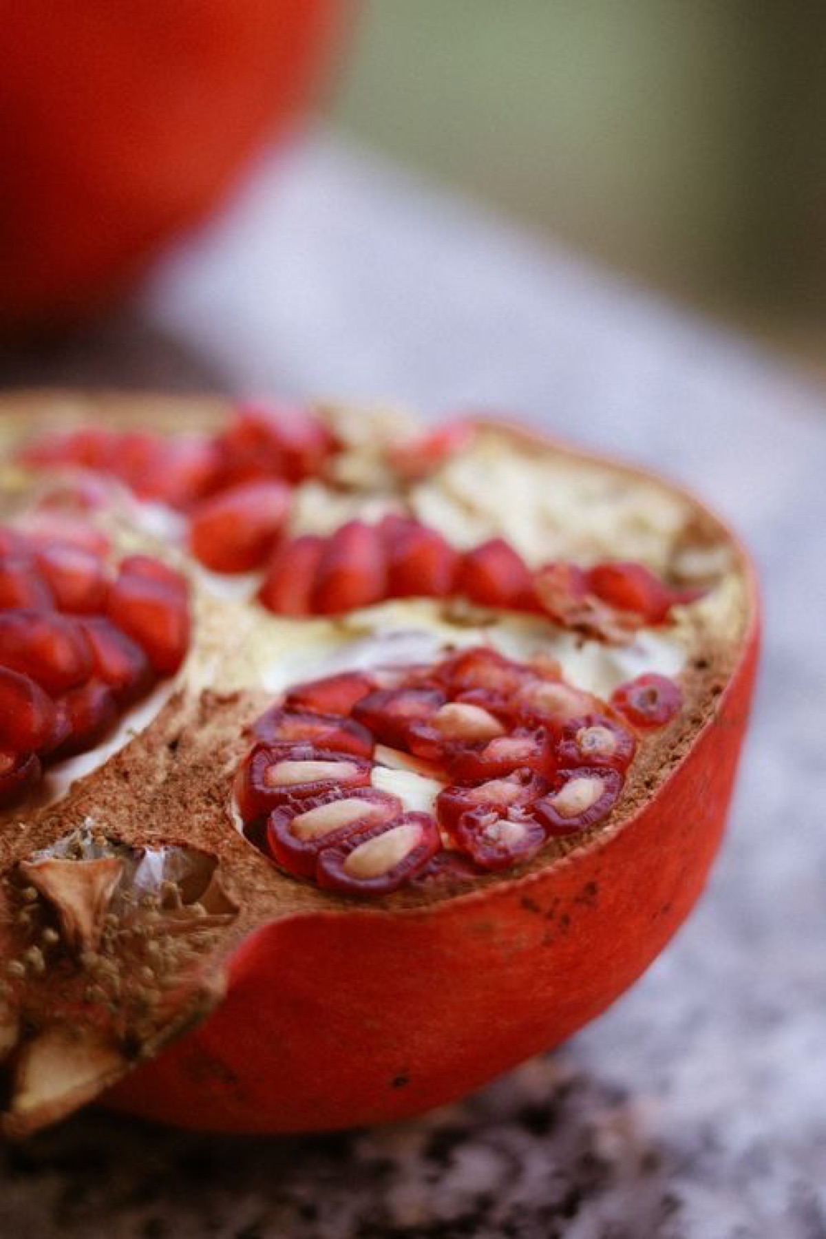 Close-up of red pomegranate pieces suggesting red snack ingredients