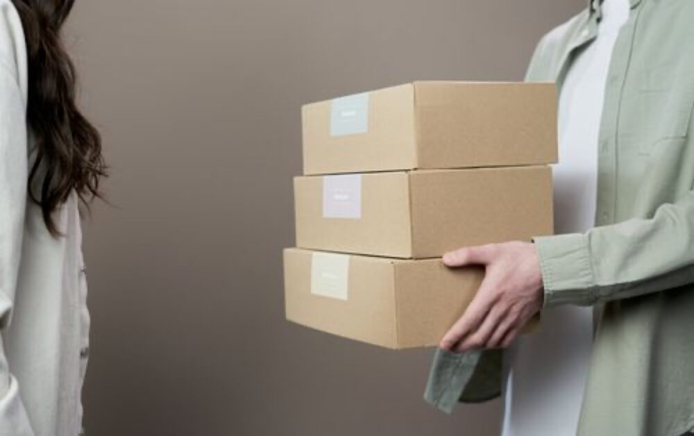Online sourcing scene illustrating online shopping package delivery ecommerce