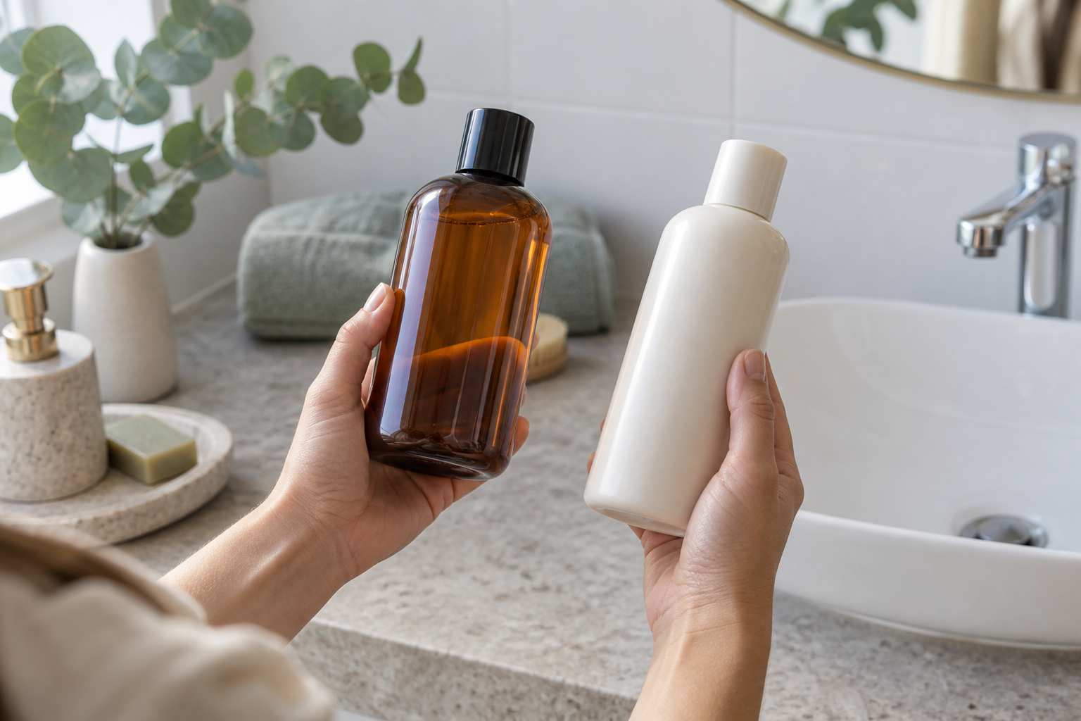 Shopper comparing two unbranded shampoo bottles at a bathroom vanity