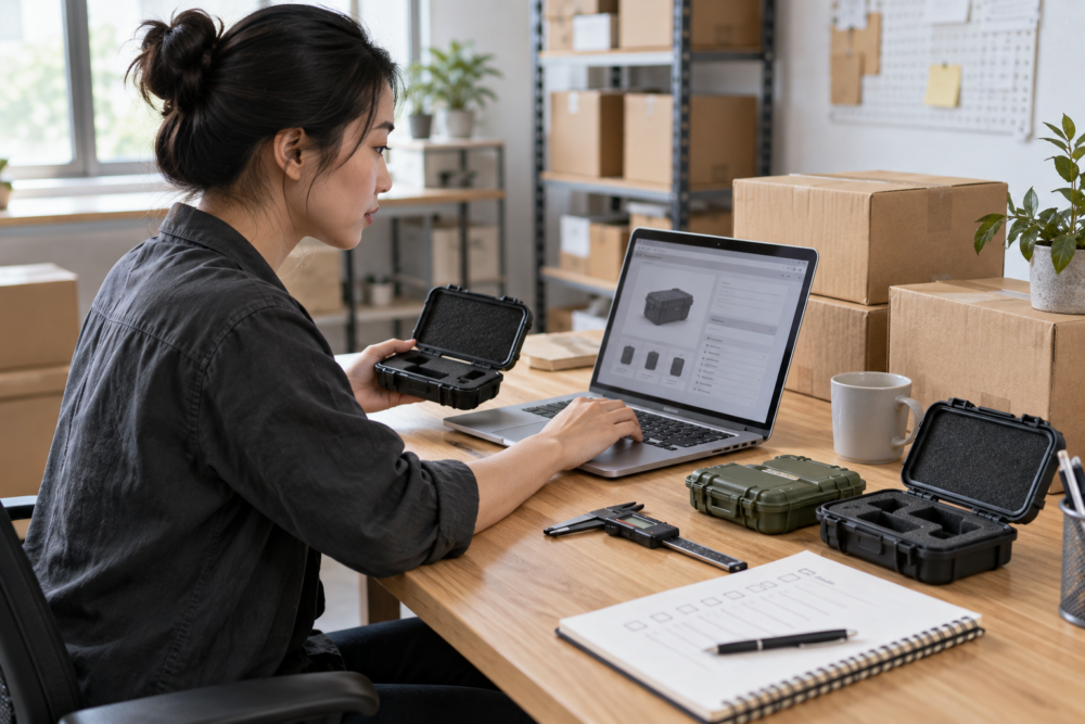 Buyer researching equipment suppliers while comparing generic samples