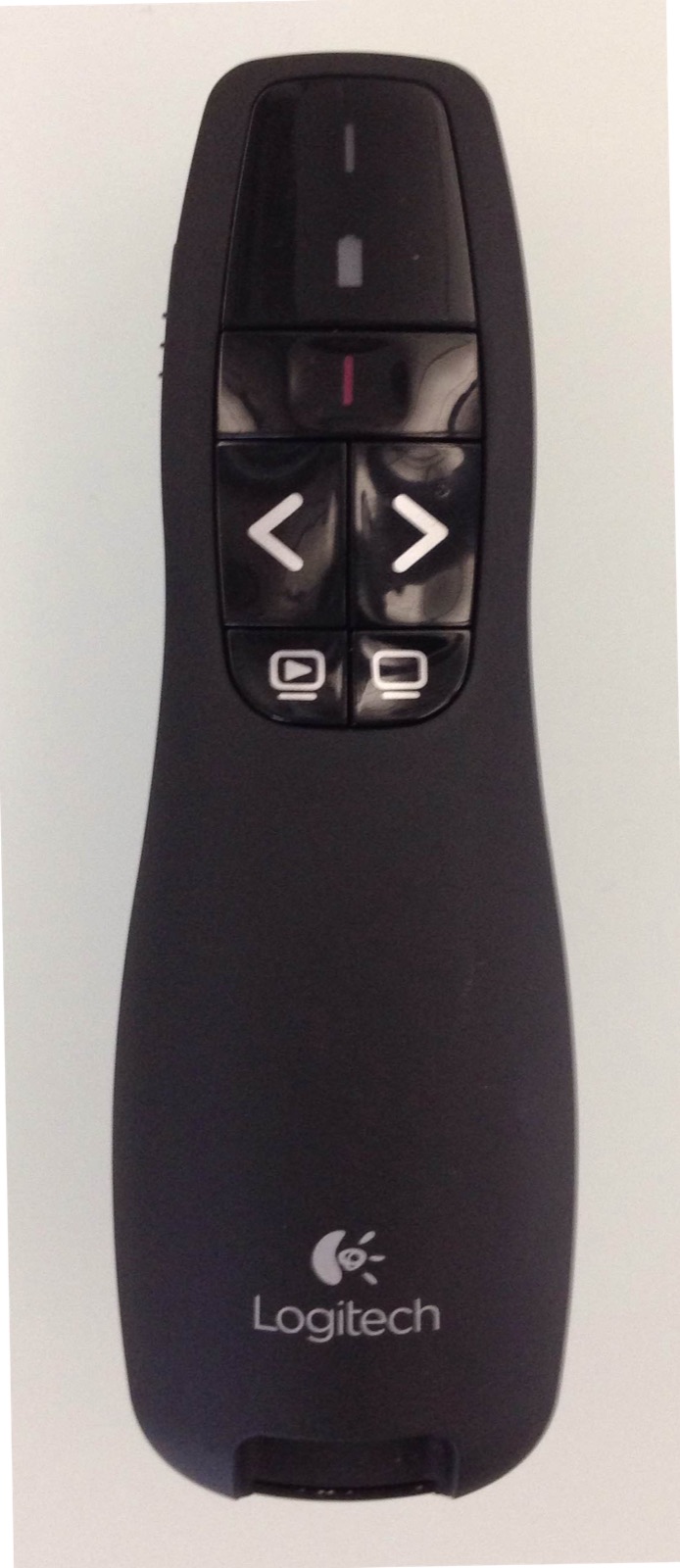 Handheld presentation remote showing the elongated shape and control buttons typical of a slide clicker