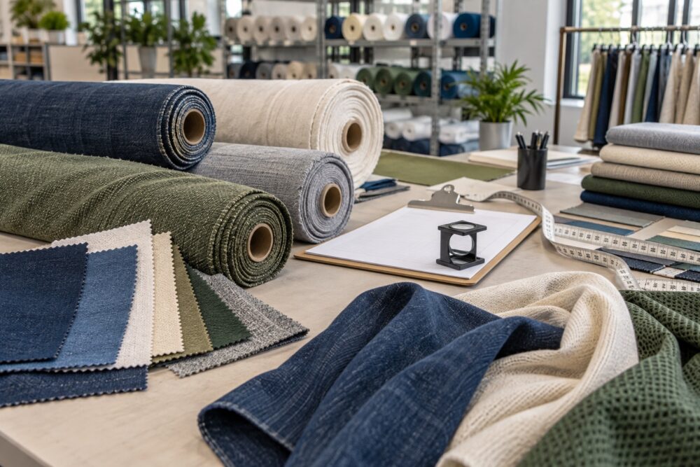 Fabric rolls, swatches, measuring tape, and an inspection loupe in a textile supplier showroom
