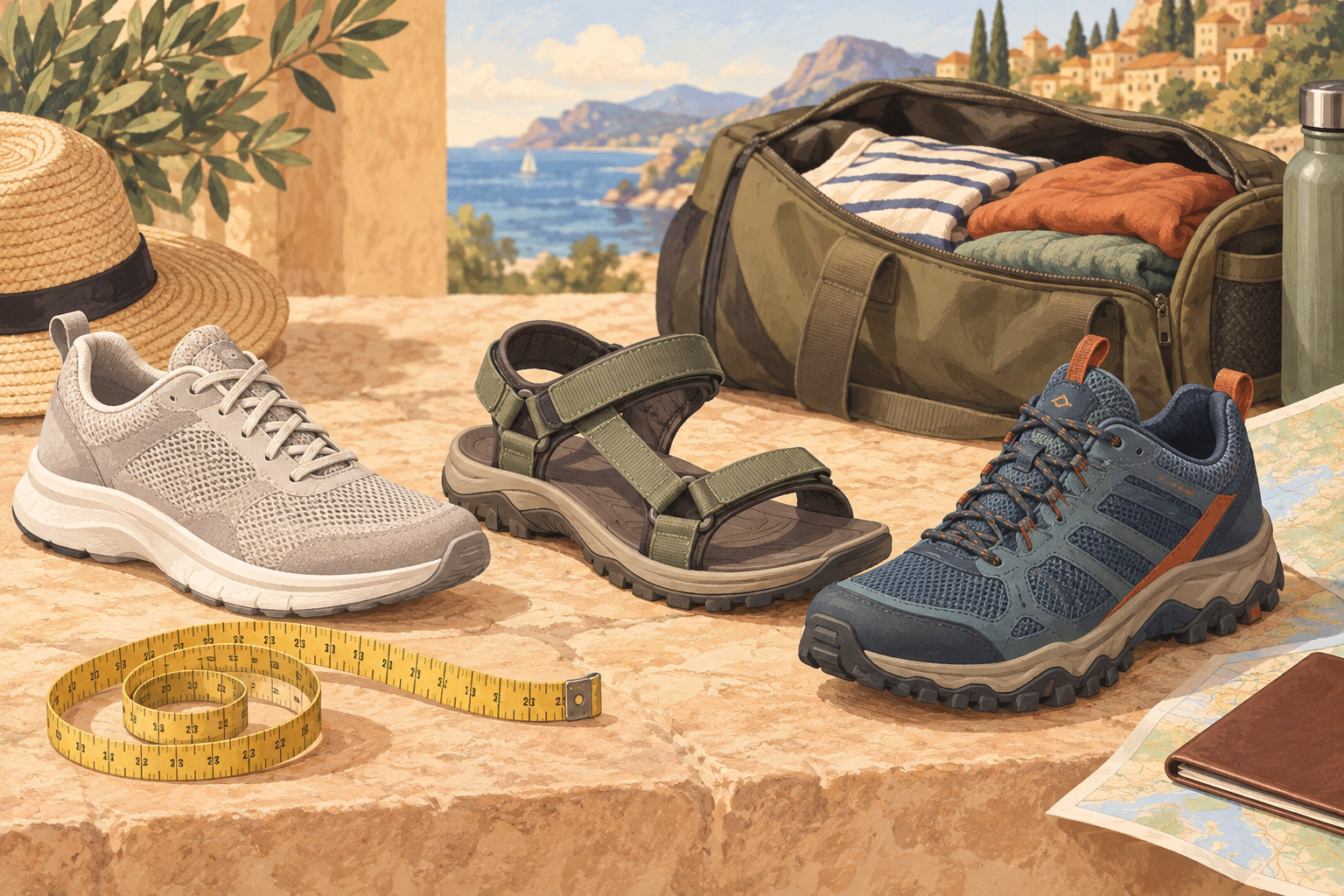 Illustration comparing a sneaker, walking sandal and trail shoe beside a travel bag
