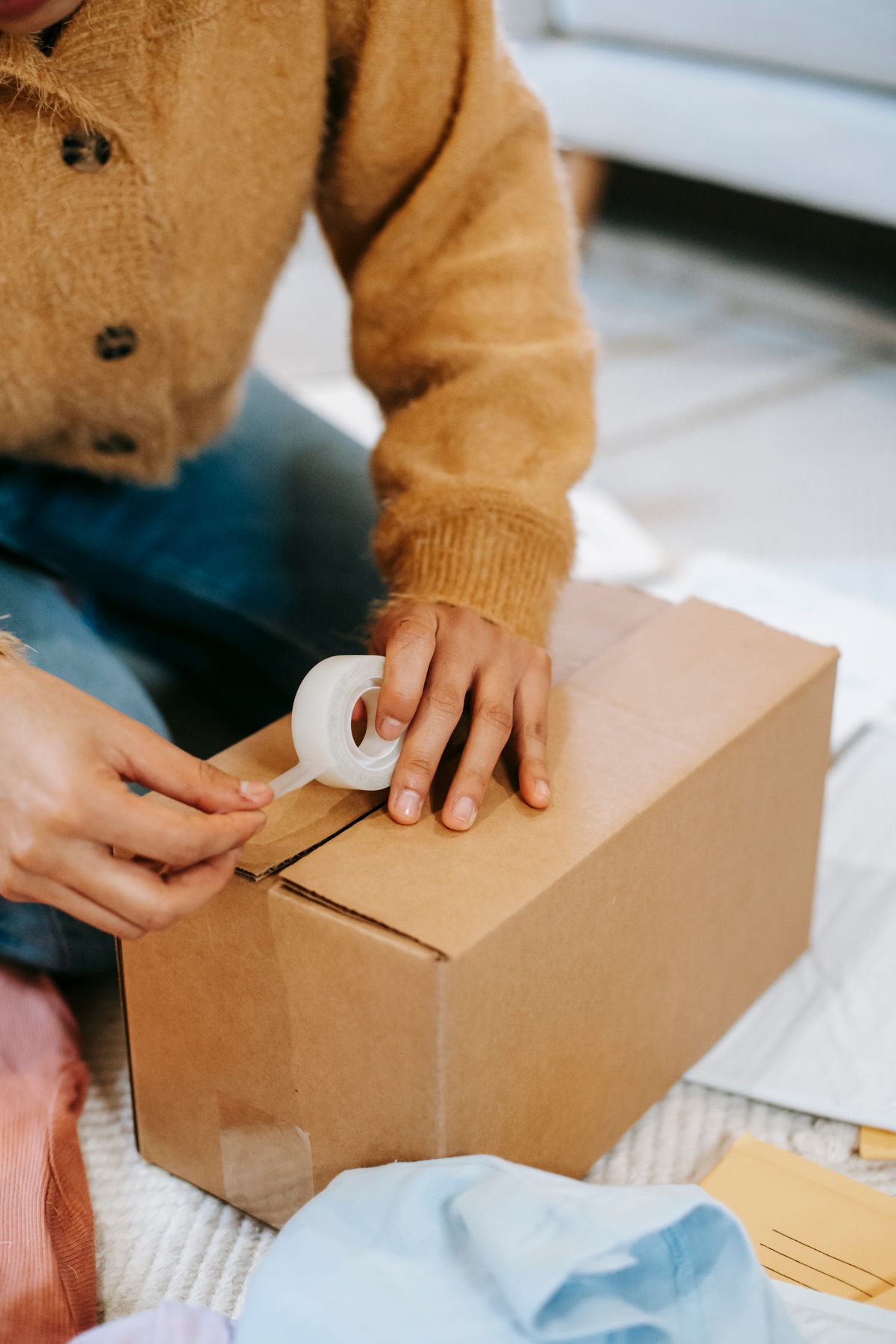 Hands packing clothing into a cardboard box for return