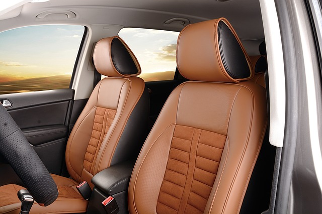 Front automobile seats showing upholstery, bolsters, headrests, and seat adjustment layout