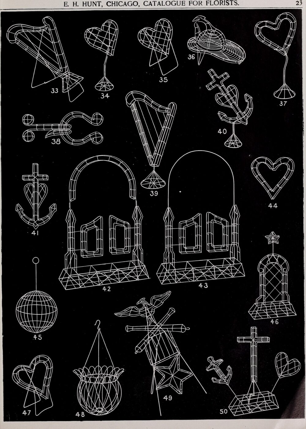 Historical wholesale florist catalog showing wire forms and arrangement supports