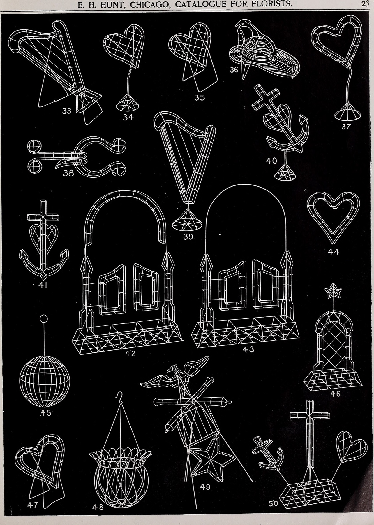 Historical wholesale florist catalog showing wire forms and arrangement supports
