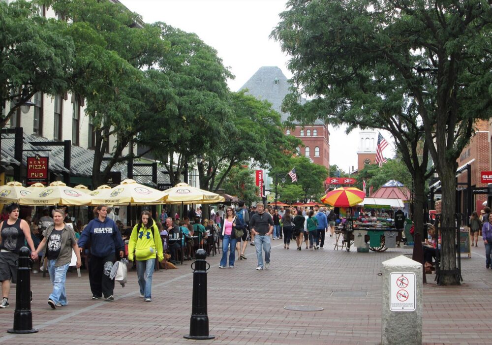 Church Street Marketplace in Burlington, Vermont on a busy day.