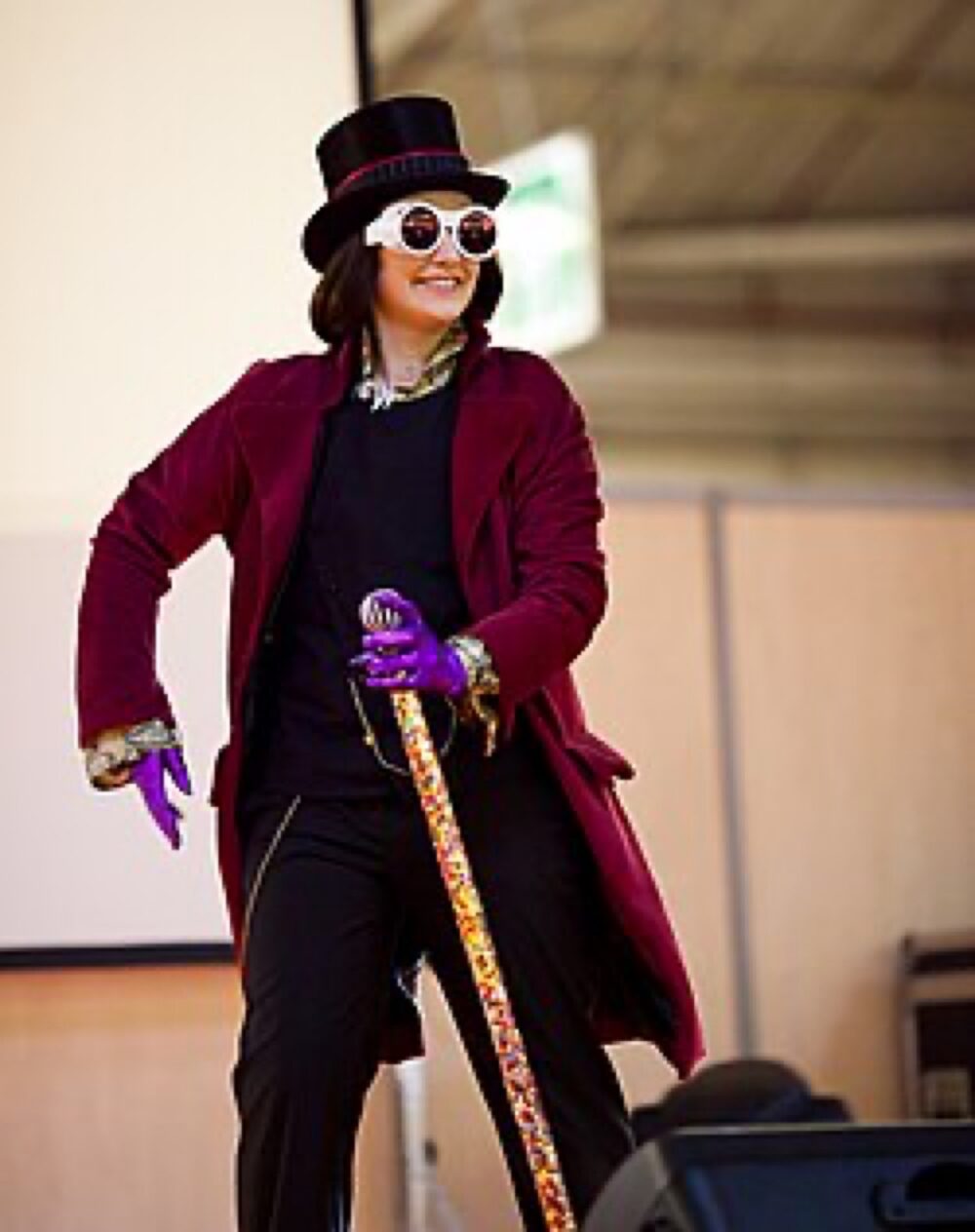 Willy Wonka cosplay outfit showing coat, hat and cane