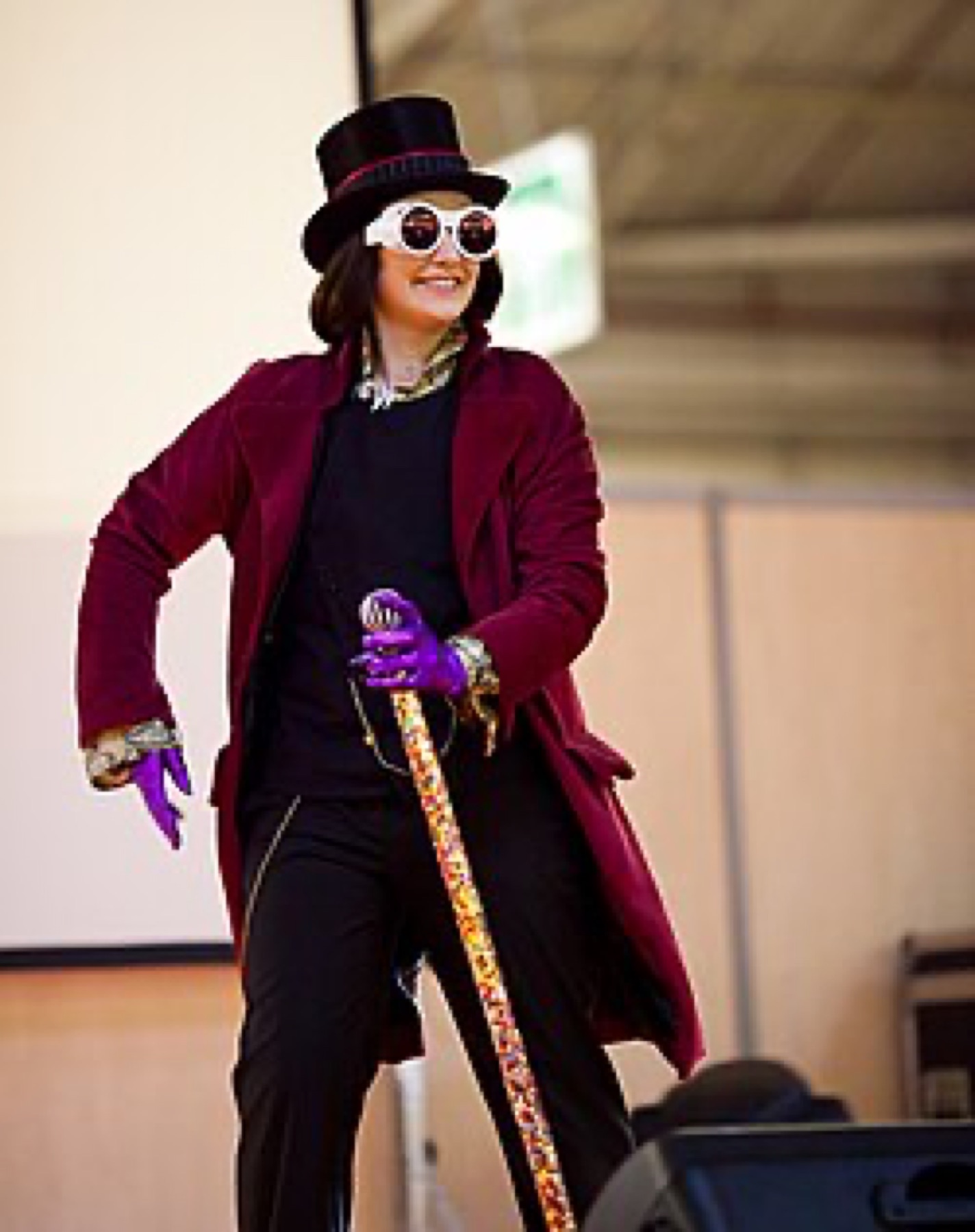 Willy Wonka cosplay outfit showing coat, hat and cane