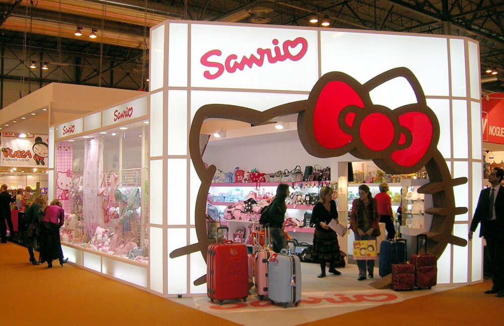 Hello Kitty-themed stand displaying licensed and themed merchandise
