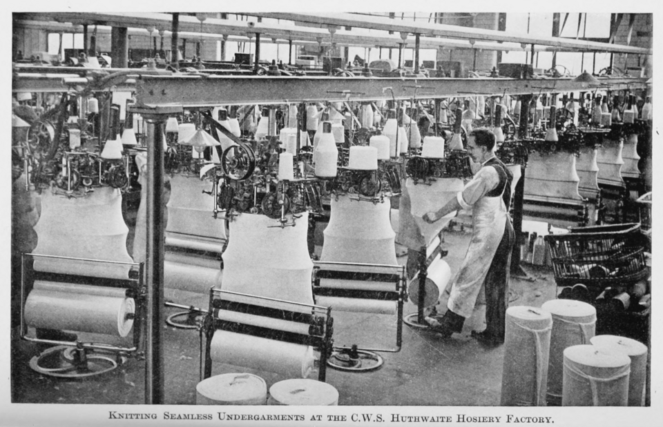 Historic factory knitting machinery producing seamless garments
