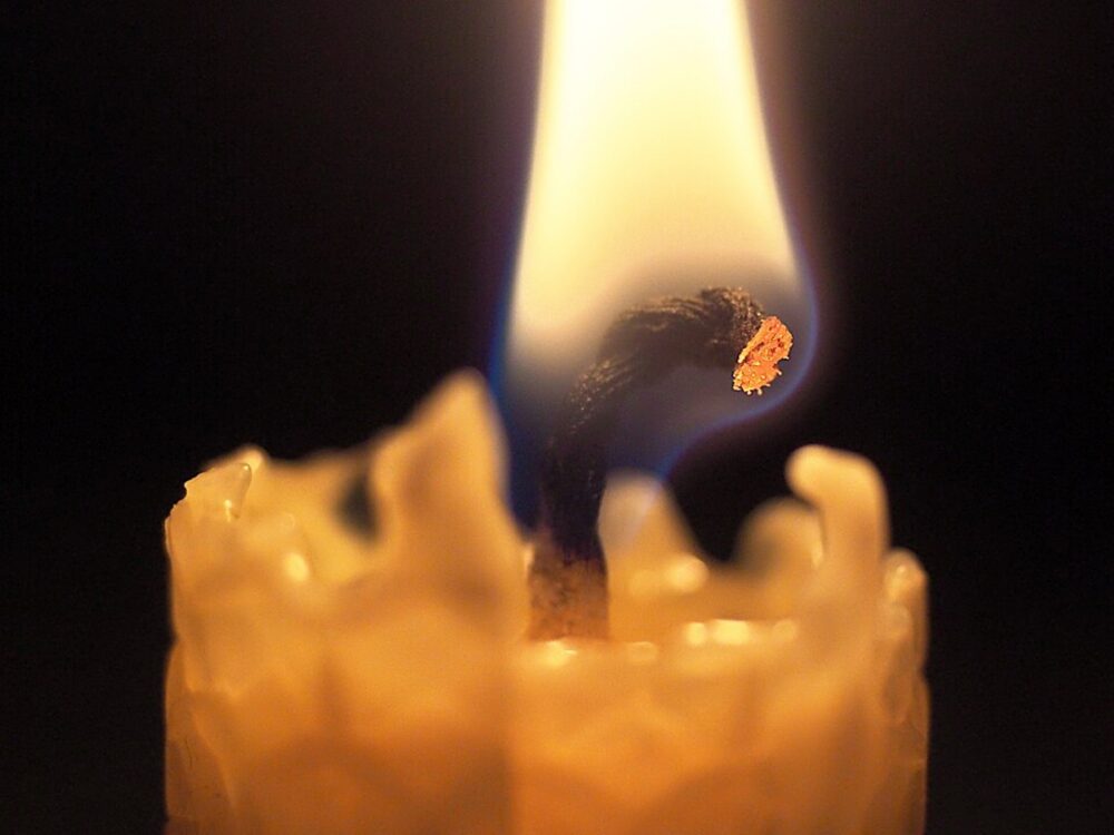 Close-up of a candle wick and flame representing cost layers from raw candle to finished product