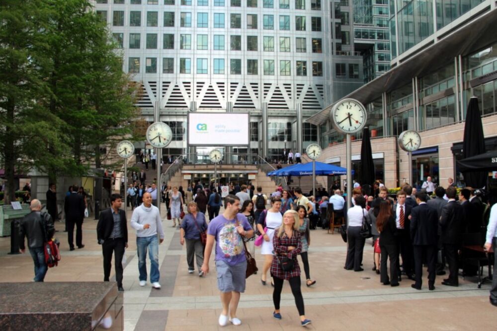Cluster of public clocks in Canary Wharf, London