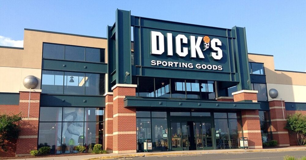 Exterior of a Dick's Sporting Goods store, illustrating traditional sporting goods retail versus online dropshipping models