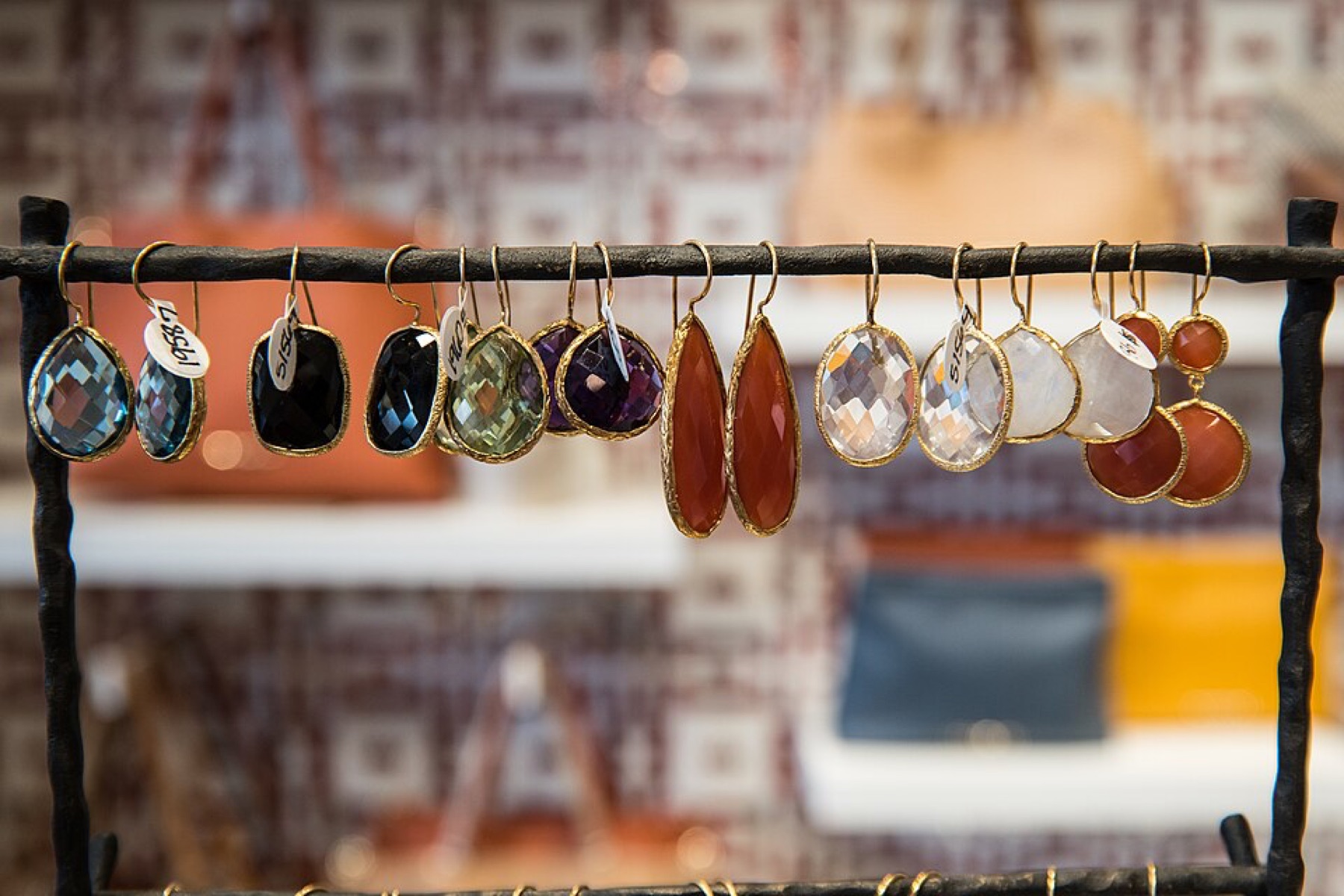 Assorted earrings arranged on a retail display