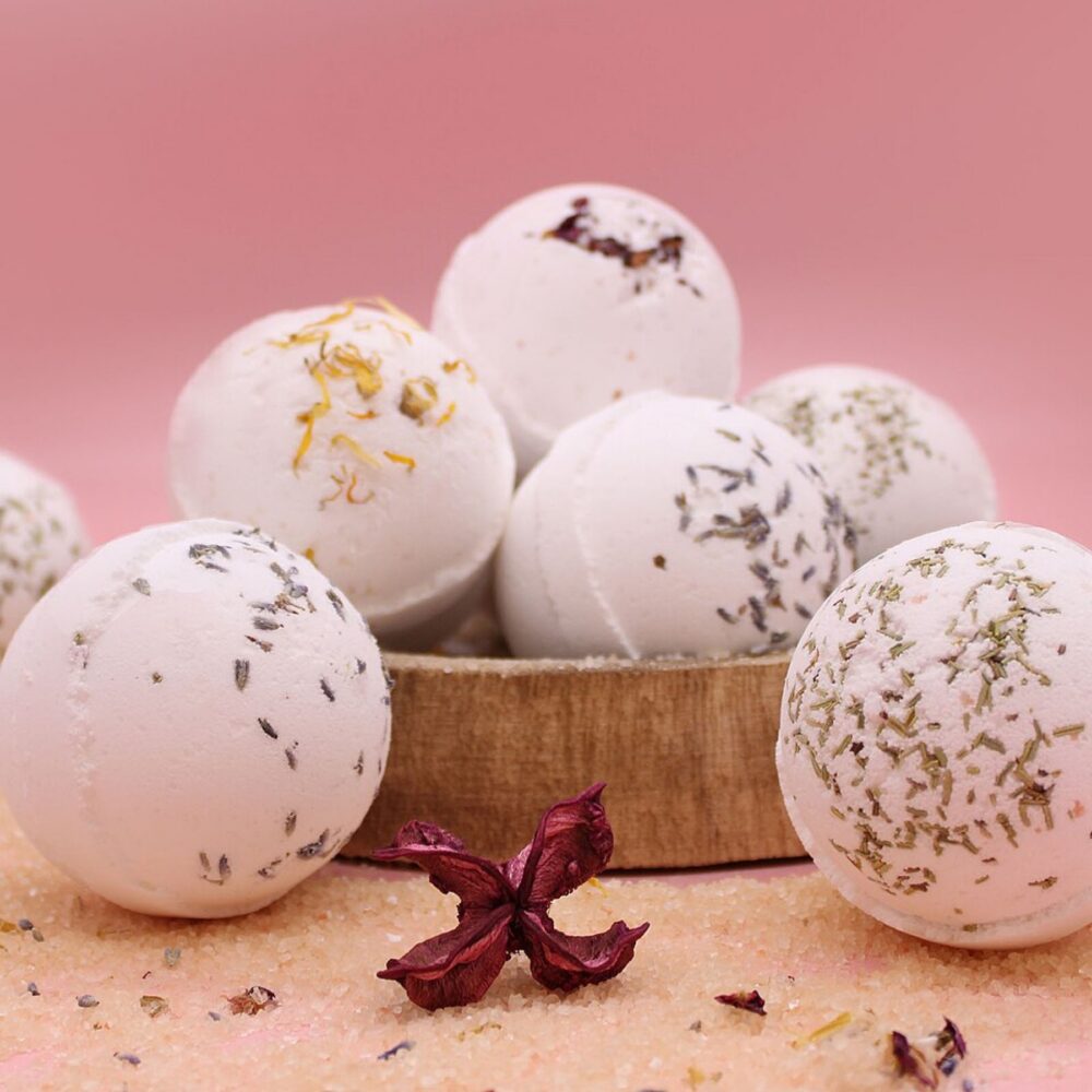 Blue and white bath bombs arranged in rows