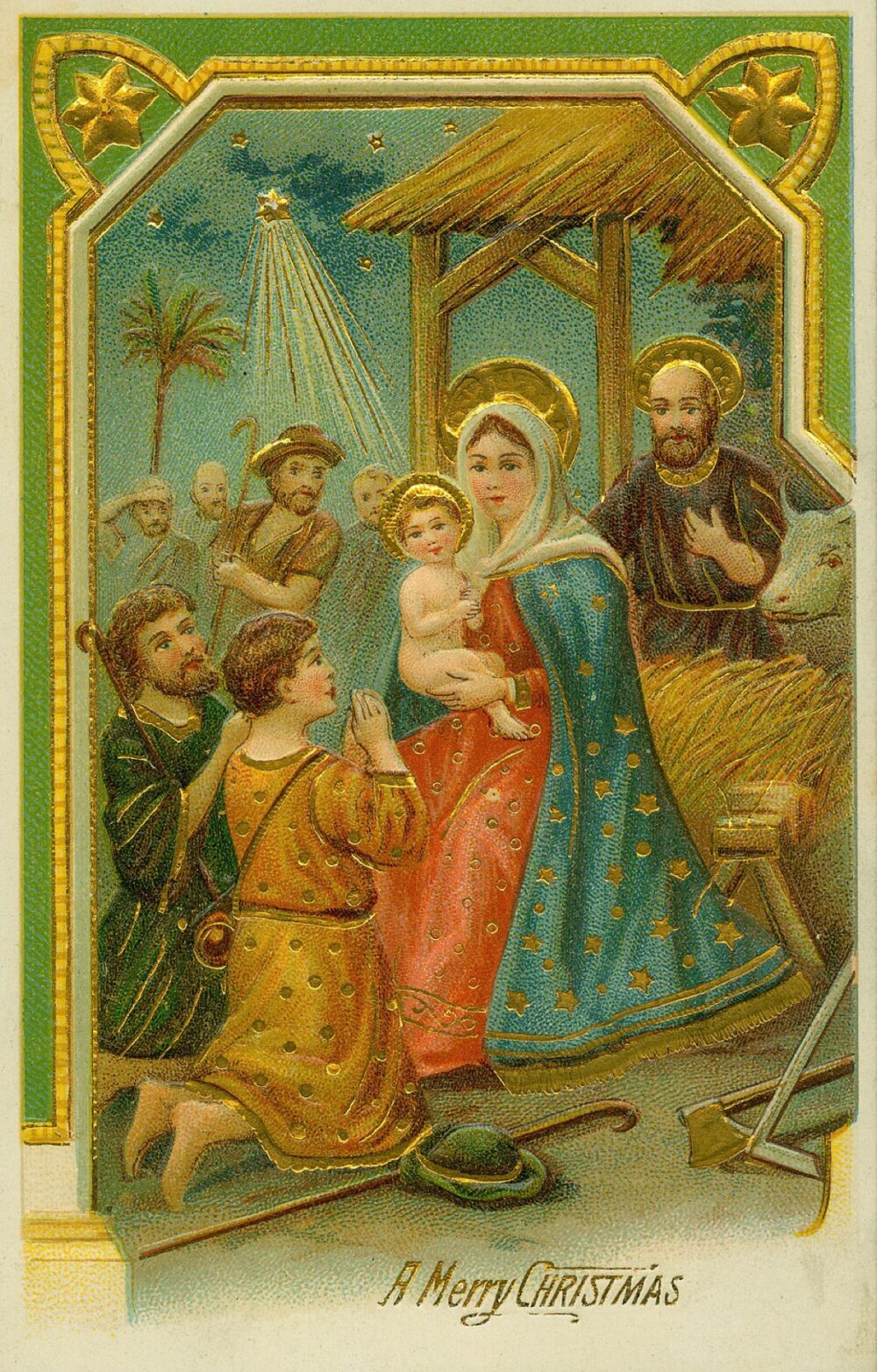 Vintage illustration of a traditional nativity scene with figures around the manger