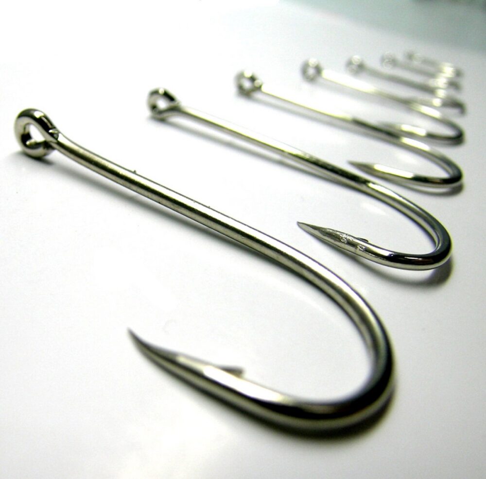 Assorted fishing hooks illustrating jig-head hardware quality