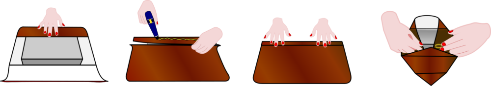 Diagram showing basic steps for wrapping a gift, illustrating the importance of paper strength and size when sourcing gift wrap.