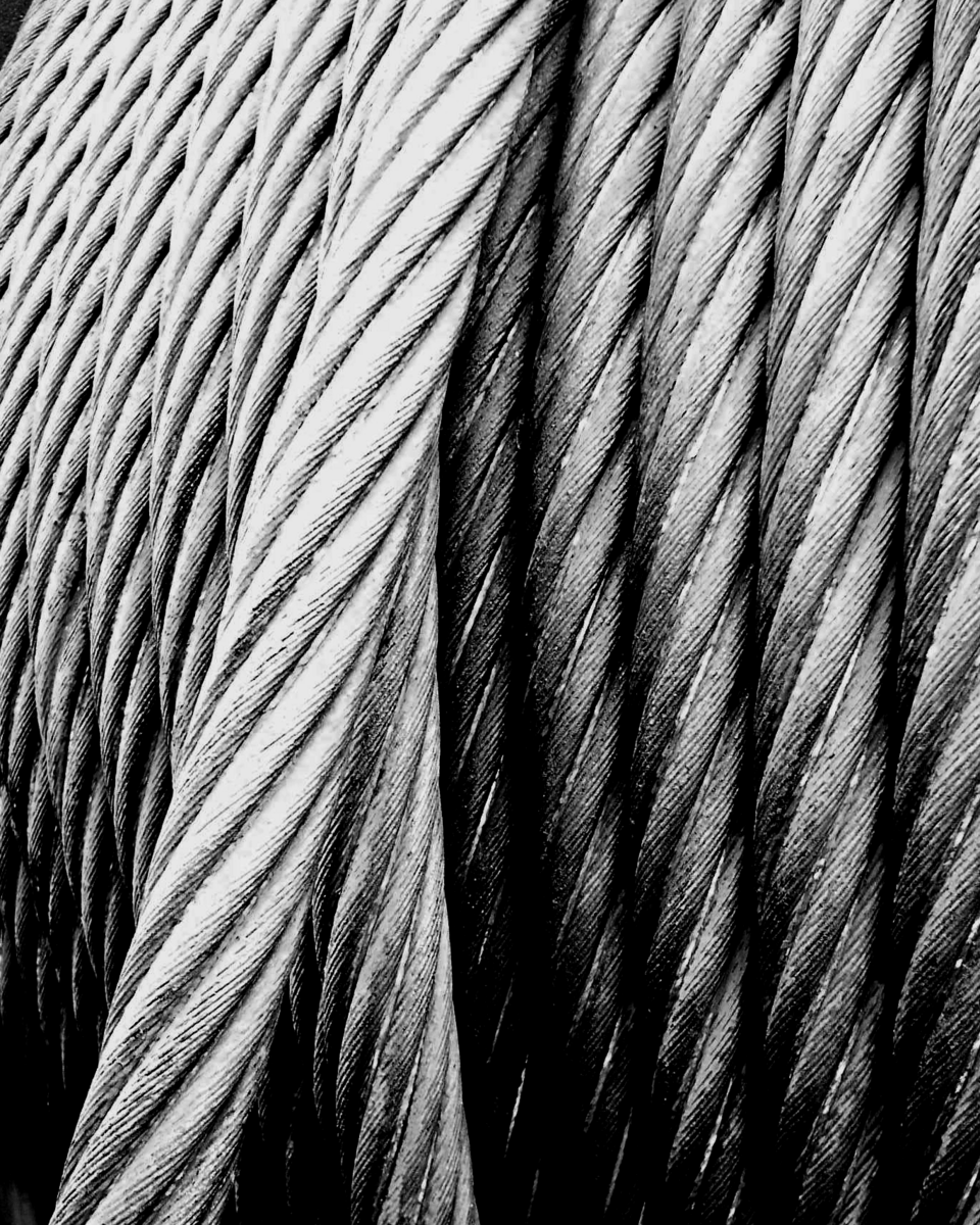 Close-up of steel wire rope strands