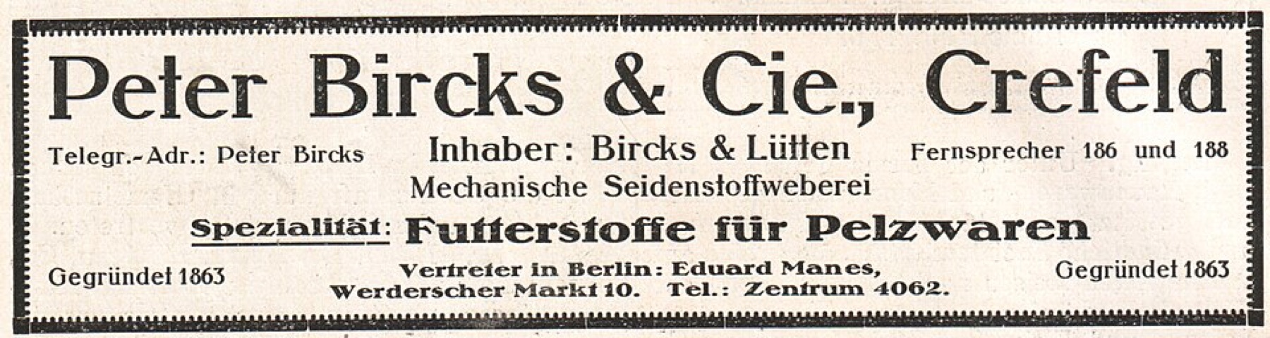 Historic advertisement for a wholesale manufacturer, illustrating the long-standing nature of factory-based bulk supply.