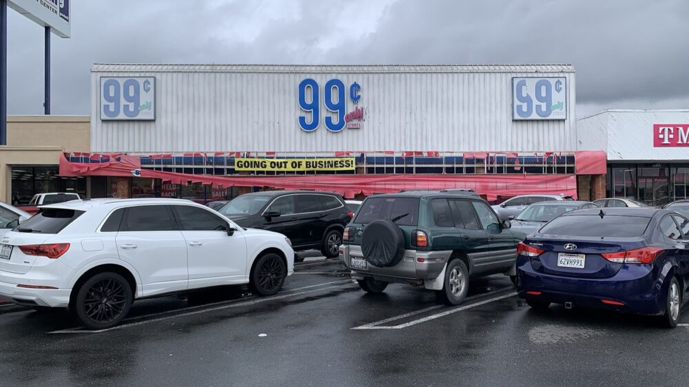 Discount store during a liquidation sale with shelves of reduced-price items