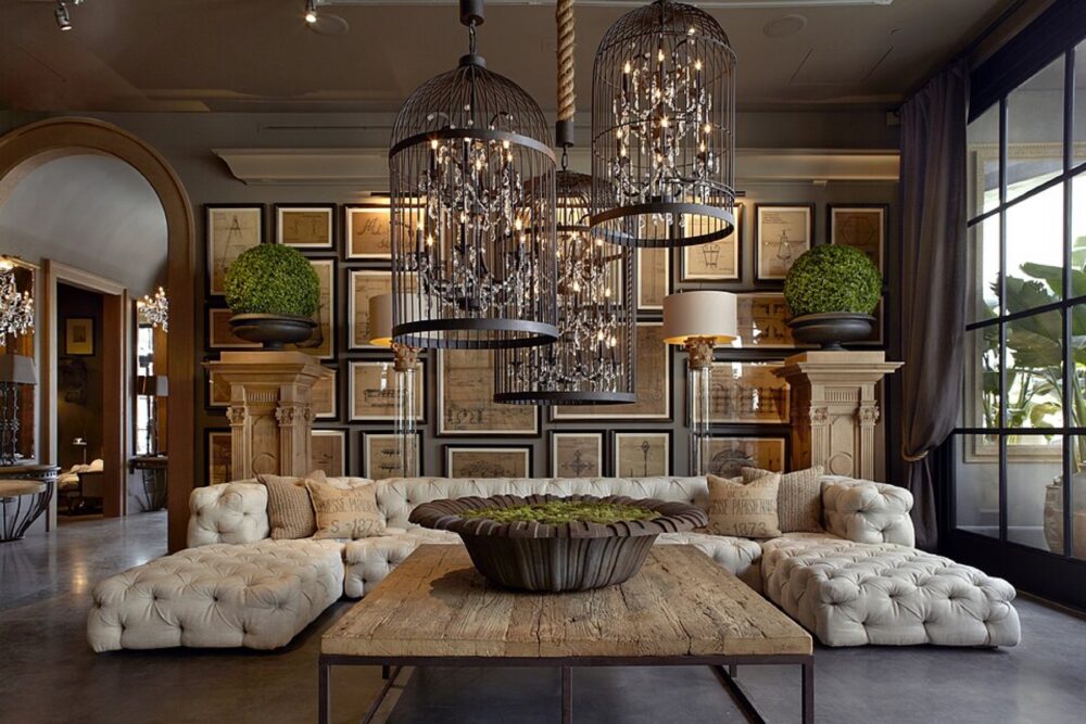 Restoration Hardware-style neutral living space with heritage-inspired fixtures