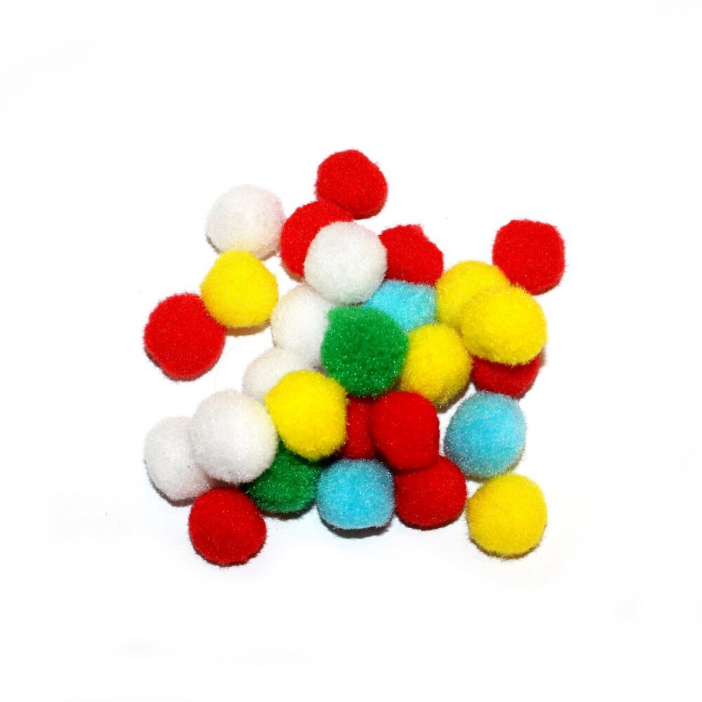 Assorted colored pom poms in different materials and sizes
