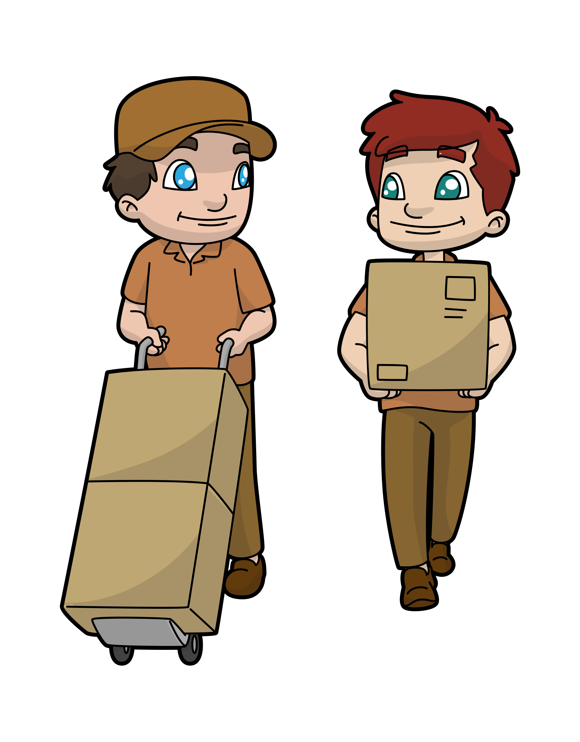 Cartoon of shipping workers handling packages, illustrating cross-border delivery workflow