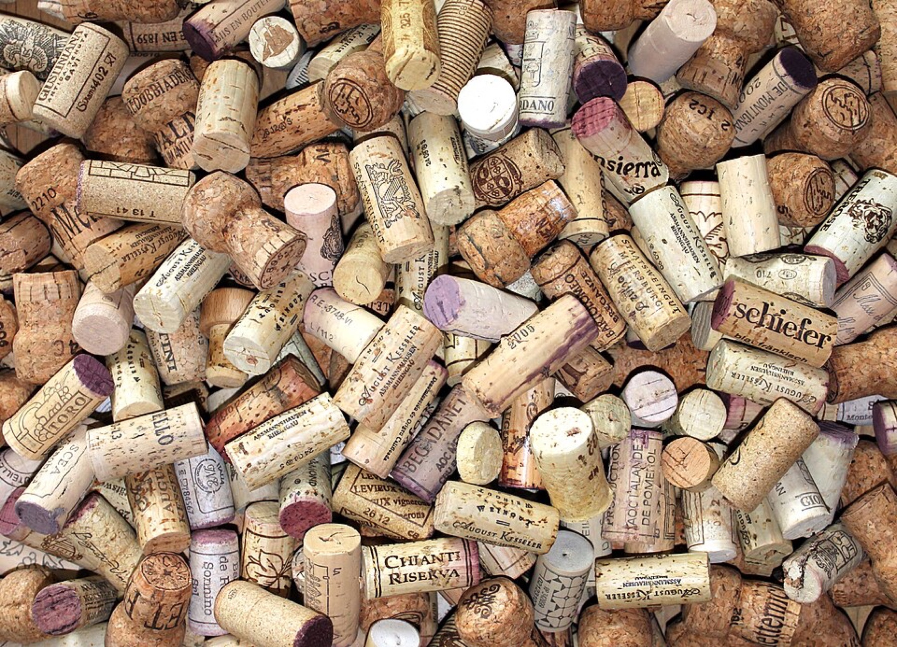 Assorted natural wine corks in different shapes and sizes
