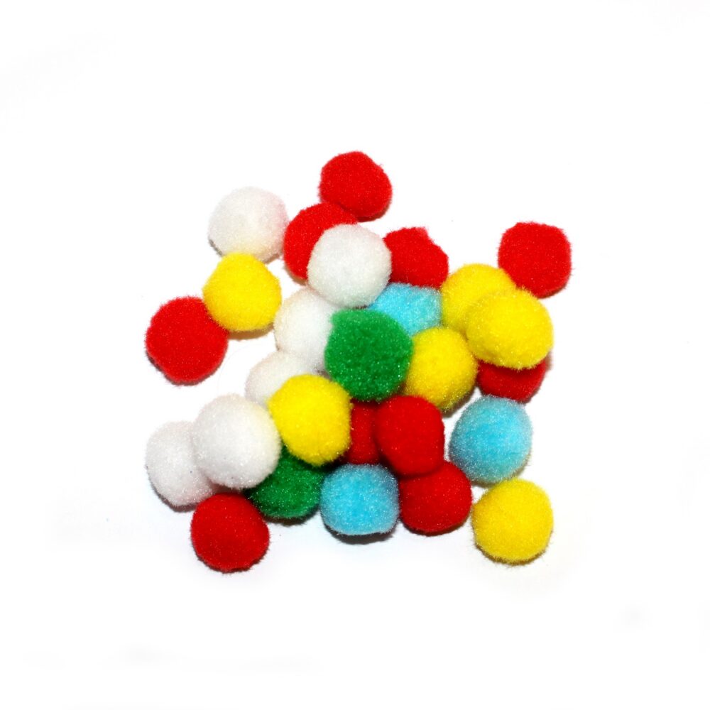 Assorted colorful pom poms showing differences in size and material