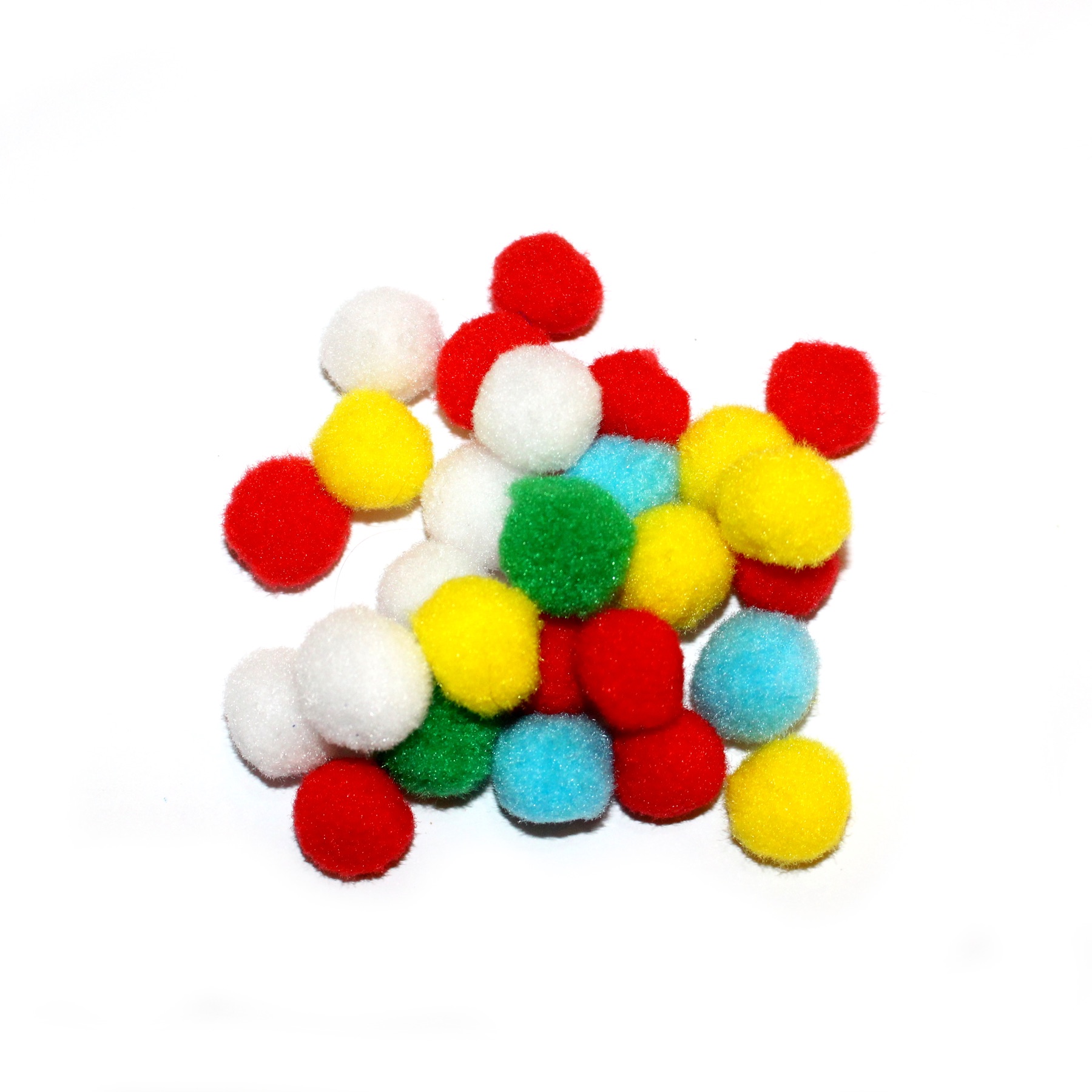 Assorted colorful pom poms showing differences in size and material