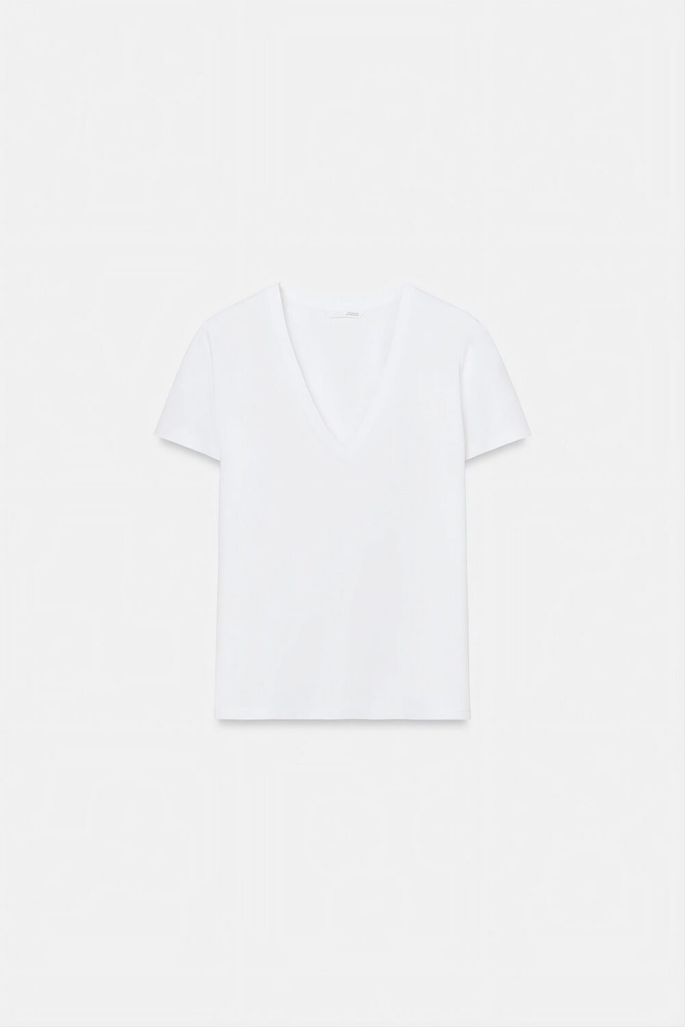 Plain white V-neck T-shirt photographed against a white background